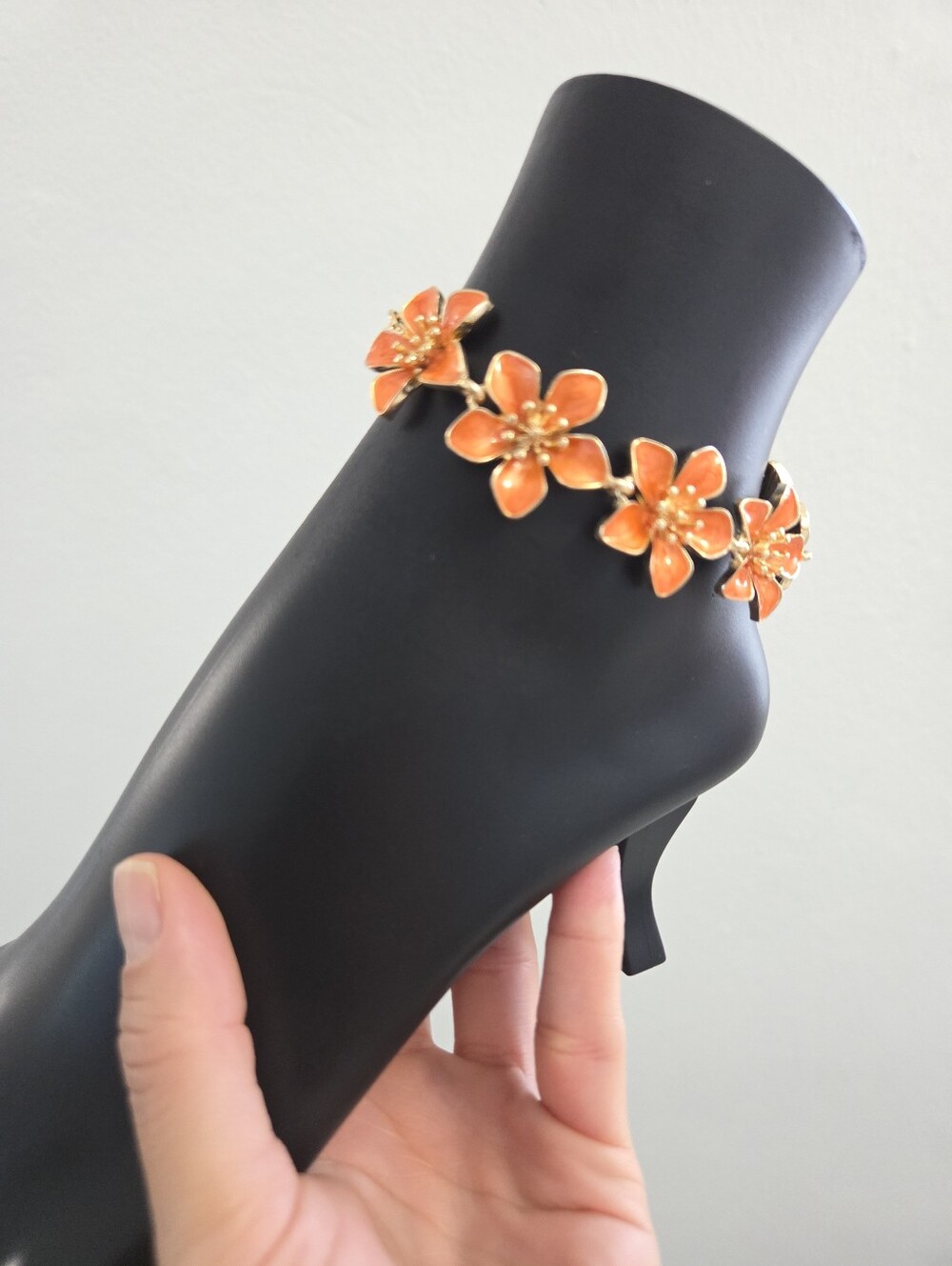 Gold & Orange Enamel Flower Anklet Boho Floral Anklet Bracelet Accesory - Picture 9 of 12